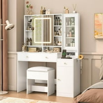 White Vanity Desk with Sliding Mirror & Lights, Vanity Table Makeup Desk with Charging Station 2 Drawers 2 Doors, Lots of Storage Shelves, Large Vanity Set with Cushioned Stool