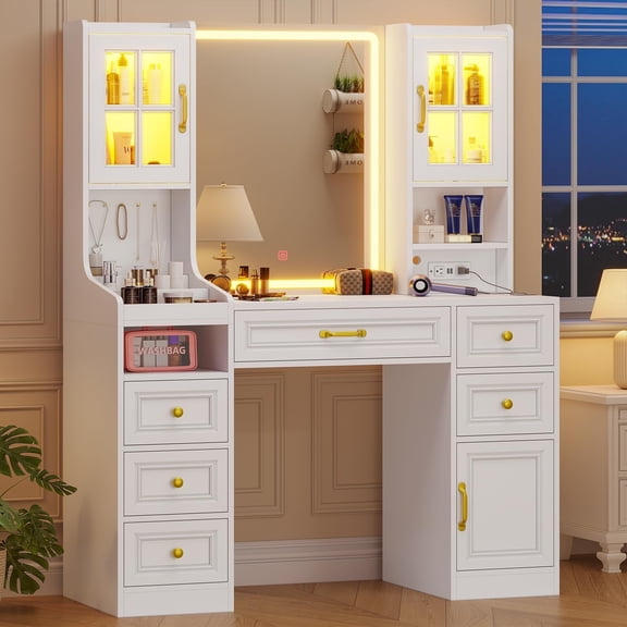 White Vanity Desk with Touch Screen Lighted Mirror, Large Makeup Vanity with Light Cabinets & Charging Station, Vanity Table with 6 Drawers, 5 Jewelry Hooks