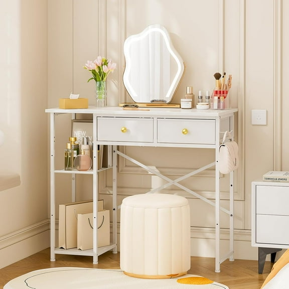 White Vanity Desk Without Mirror for Bedroom, Makeup Desk with 2 Fabric Drawers, Vanity Desk with Iron Hook, 36 Inches Vanity with Storage, White
