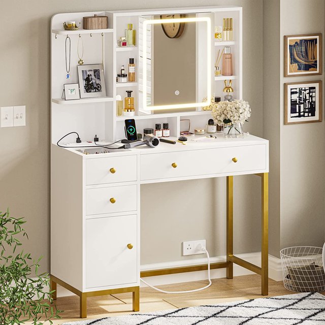 White Vanity Desk with Lights Mirror & 3Color Dimmable, Makeup Vanity