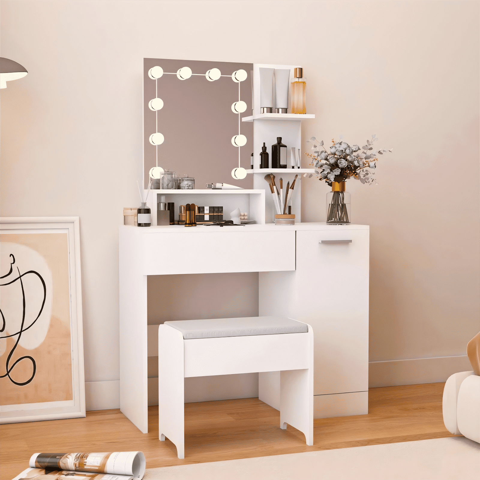White Vanity Desk with Mirror & Lights,Makeup Vanity Table with Drawers & Storage Shelves for Bedroom