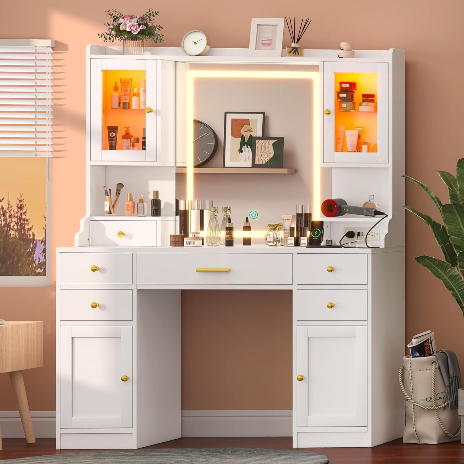 White Engineered Wood Vanity Desk with Mirror and LED Lights