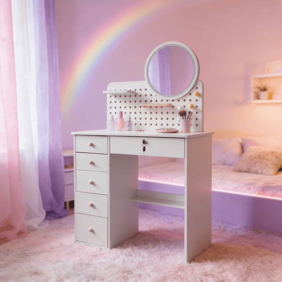 White Vanity Desk with Mirror, Pegboard Organizer & Lockable Drawer, Space-Saving Makeup + Study Table with 5 Drawers for Bedroom/Dorm