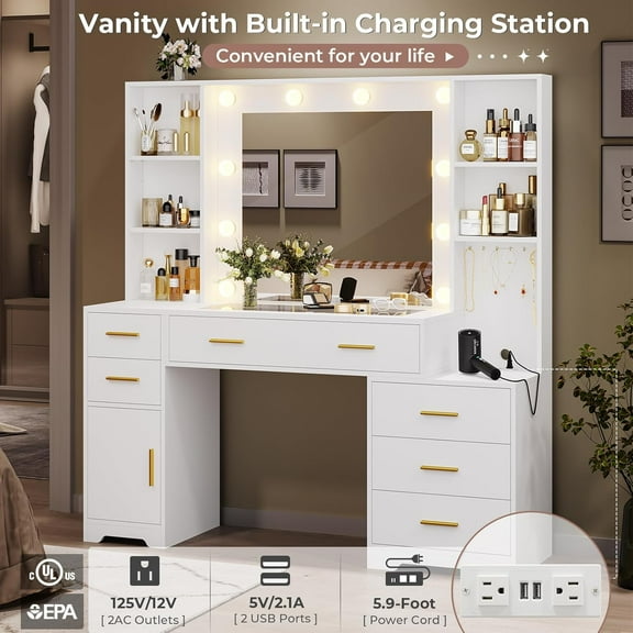 White Vanity Desk with Mirror and Lights Makeup Vanity Table with Charging Stations & 6 Drawers&Storage Cabinet&Glass Tabletop for Bedroom
