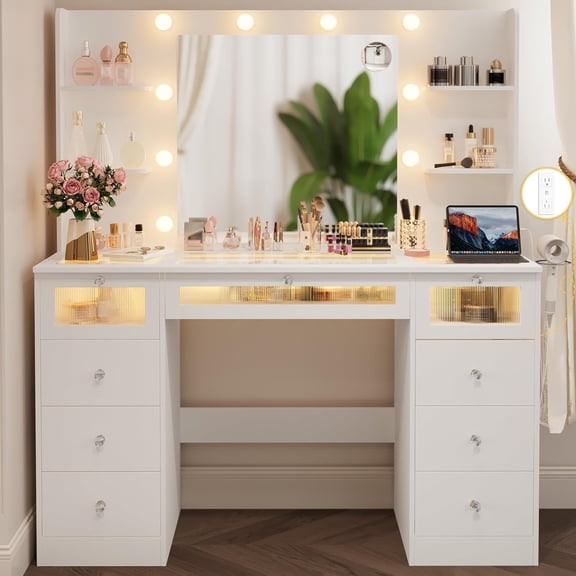 White Vanity with Lighted 23.5 Mirror, Glass Top Vanity Desk with 9 Drawers & 3 Color Hollywood Bulbs & 4 Shelves & Acrylic & Power Outlet, Makeup Desk Dressing Table for Bedroom