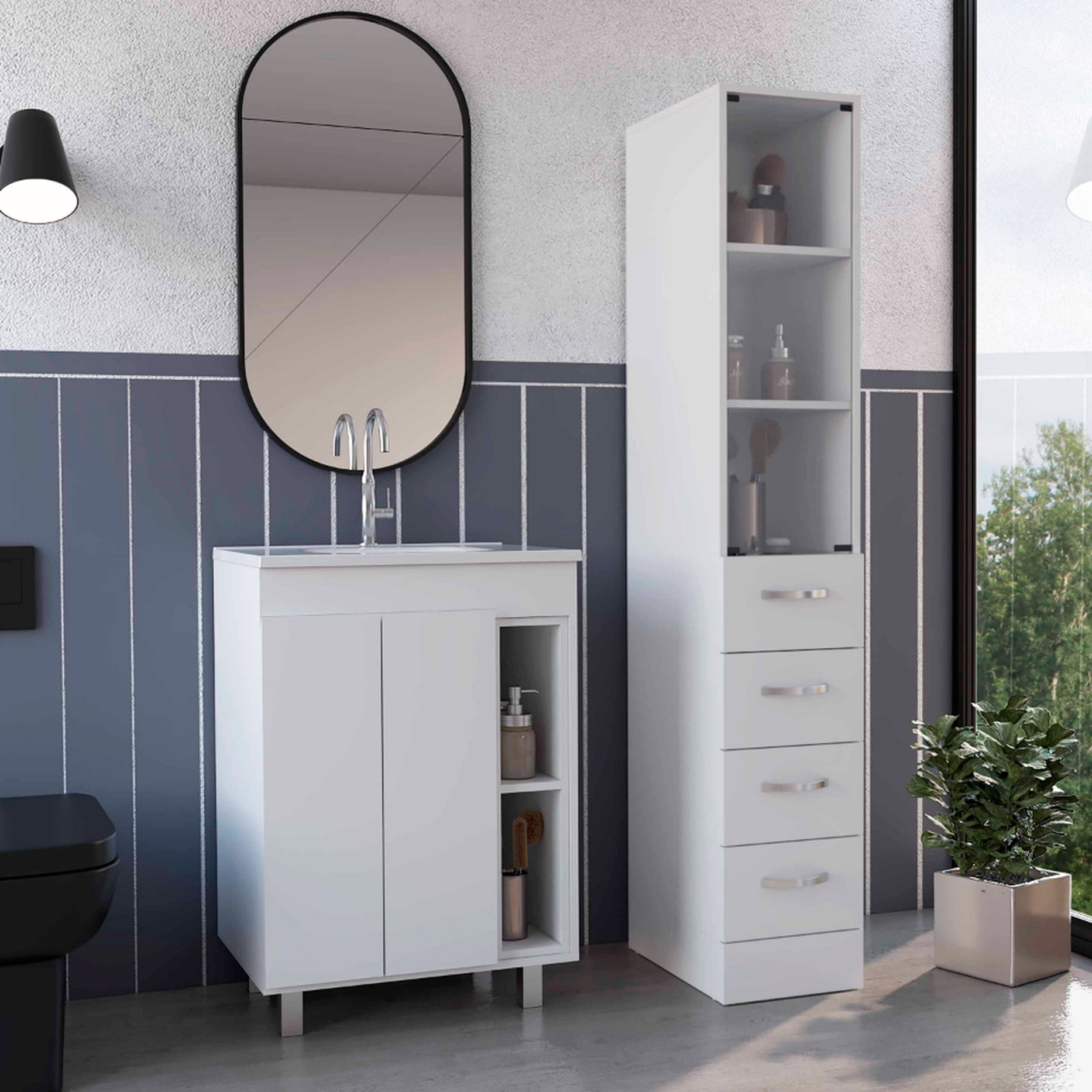 Vanity Line White Vanity & Linen Cabinet | Easy DIY Assembly with QR Guide ...