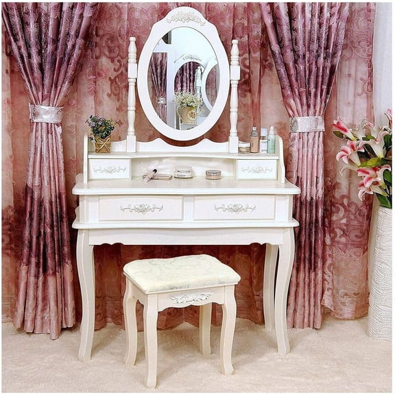 White Vanity Makeup Dressing Table Set w/Stool 4 Drawer&Mirror Jewelry Wood Desk