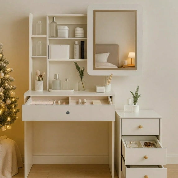 White Vanity with Mirror, Dressing Table with Sliding Mirror and Light, Open Shelves, Space Saving Small Bedroom, Girls' Room, Easy To Assemble, Christmas Gift