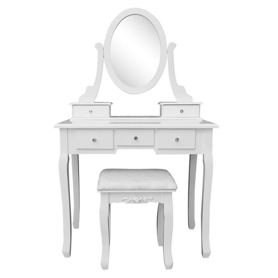 White Vanity Set with 360° Rotation Mirror, SESSLIFE Wood Makeup Set for Bedroom, Dressing Table with Stool and 5 Drawers, Detachable Tabletop, Makeup Desk and Stool for Girl and Woman