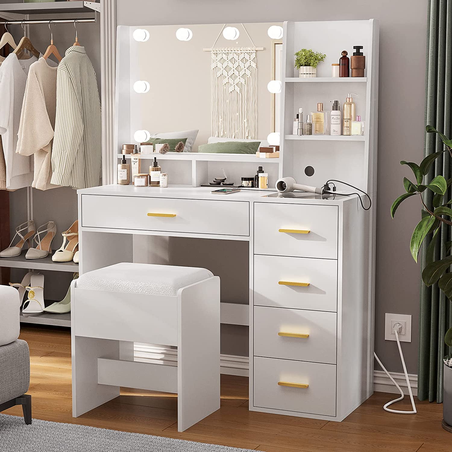 White Vanity Set Desk with Lights Charging Station Cushioned Stool Modern Makeup Vanity Desk Table with Visible Drawers and Open Storage Shelves