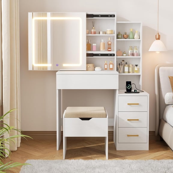 White Vanity Set with Sliding Touch LED Mirror & Power Station, 3 Light Modes 4 Drawers Hidden Storage, PU Leather Stool for Bedroom Dressing Room Apartment