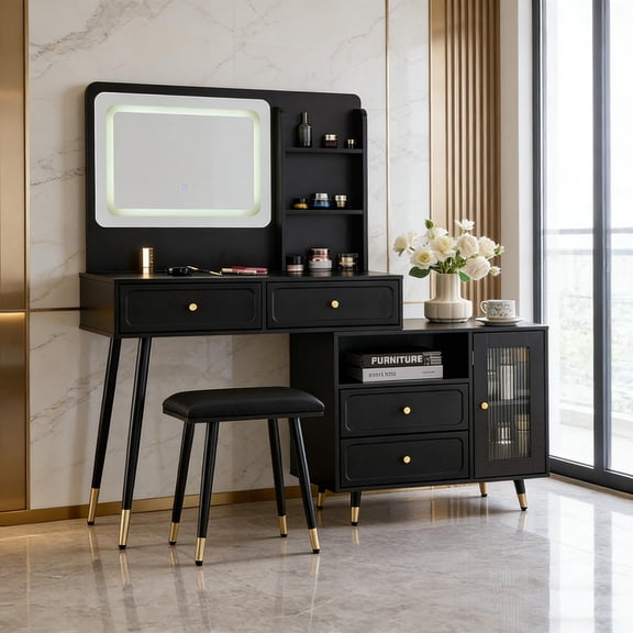 White Vanity Set with Retractable Table, LED Mirror, Drawers, Cabinet and Power Outlet, Compact Dressing Table for Bedroom