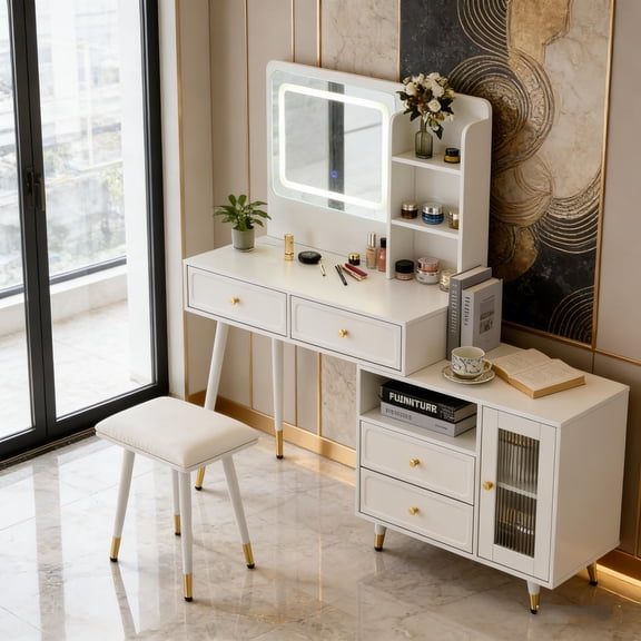 White Vanity Set with Retractable Table, LED Mirror, Drawers, Cabinet and Power Outlet, Compact Dressing Table for Bedroom