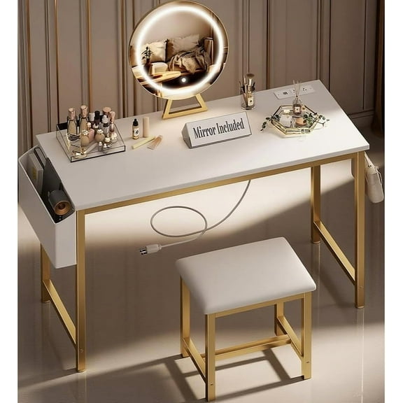White Vanity Table with Lighted Mirror -White Vanity Desk with Mirror and Lights & Chair, Makeup Vanitys Set with Power Outlet, Dressing Table Vanities for Girls Bedroom