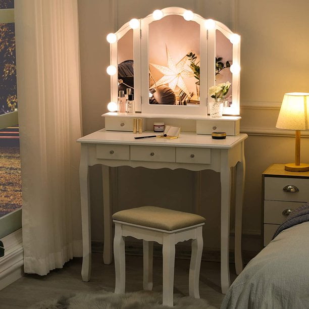 White vanity with mirror and lights deals