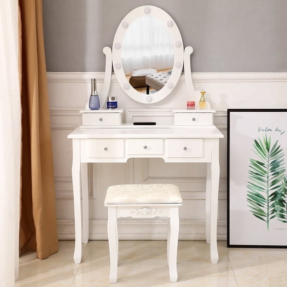 Segmart White Vanity Table Set with PU Cushioned Stool, 5 Drawers, LED Round Mirror for Bedroom