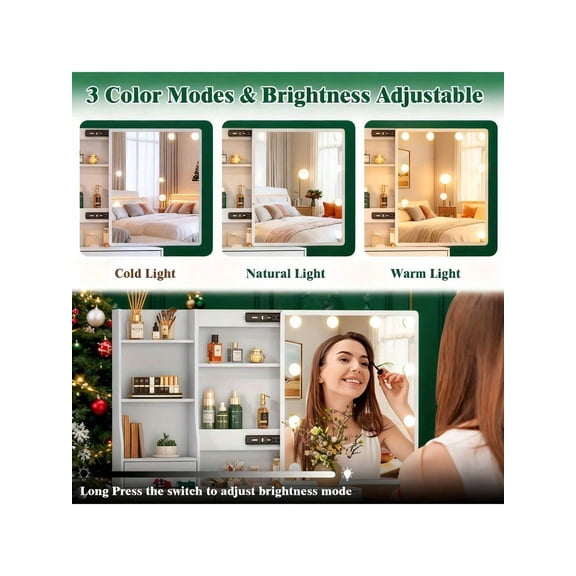 White Vanity Table With LED Makeup Mirror, Dimmable Touch Sensor Lights, Spacious Storage Organizer For Bedroom Or Bathroom