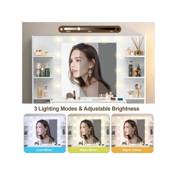 White Vanity Table With LED Makeup Mirror, Dimmable Touch Sensor Lights, Spacious Storage Organizer For Cosmetics & Jewelry