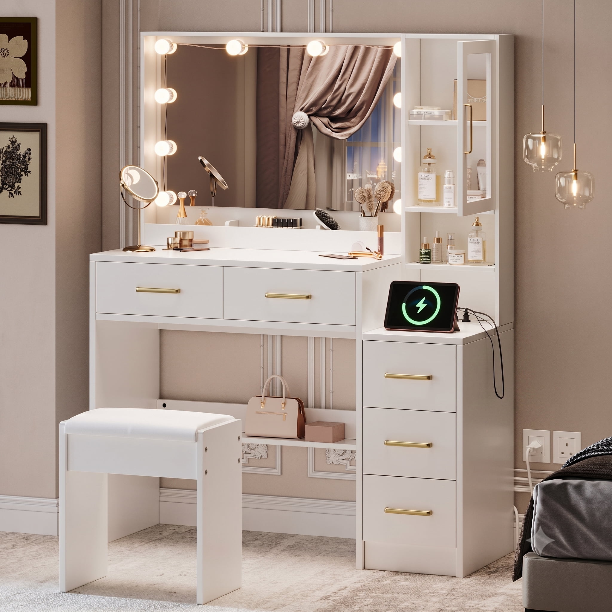white dresser and vanity Emily Combo emark Morning routines feel effortless with this modern makeup vanity set Ugtoo 35.4 inch White Makeup