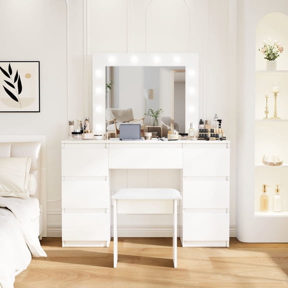 White Vanity Table with Mirror | Ideal for Bedroom Makeup with 12 Long - Lifespan LED Bulbs | Benefit from Contemporary Design and Easy Maintenance
