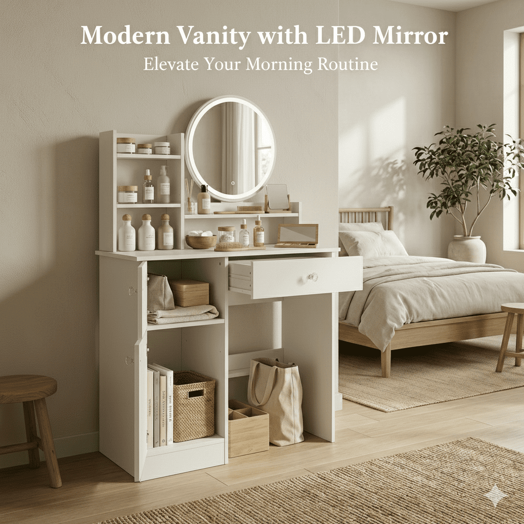 white christmas dresses Small Space Left Drawer Desktop Vanity Table Cushioned Stool, 2 Ac 2 U main image 1