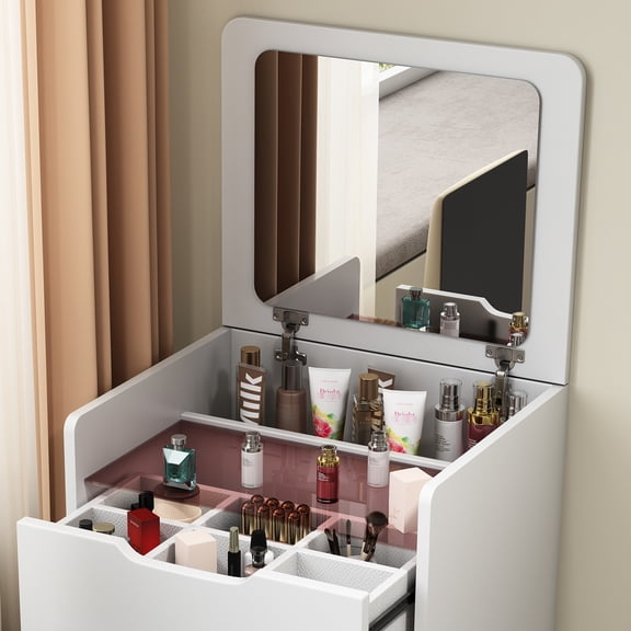 White Vanity With Flip Top Lighted Mirror And Inner Storage, Bedroom Dressing Desk, Elegant Furniture Piece Internal Makeup