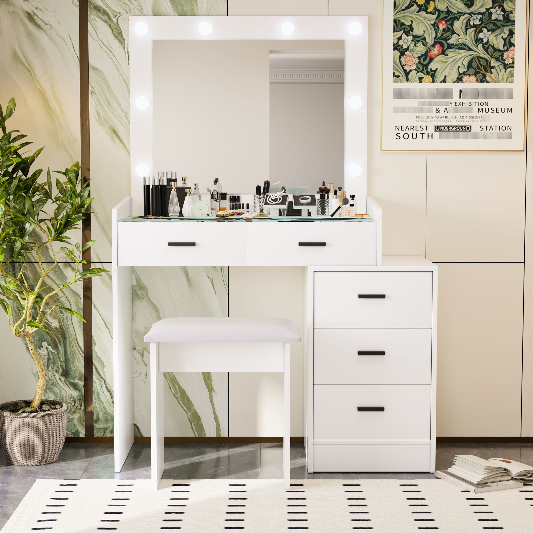 White Vanity With Multiple Compartment Drawers And Integrated Led Lighted Tabletop Modern Dressing Table 5 Split Storage Design