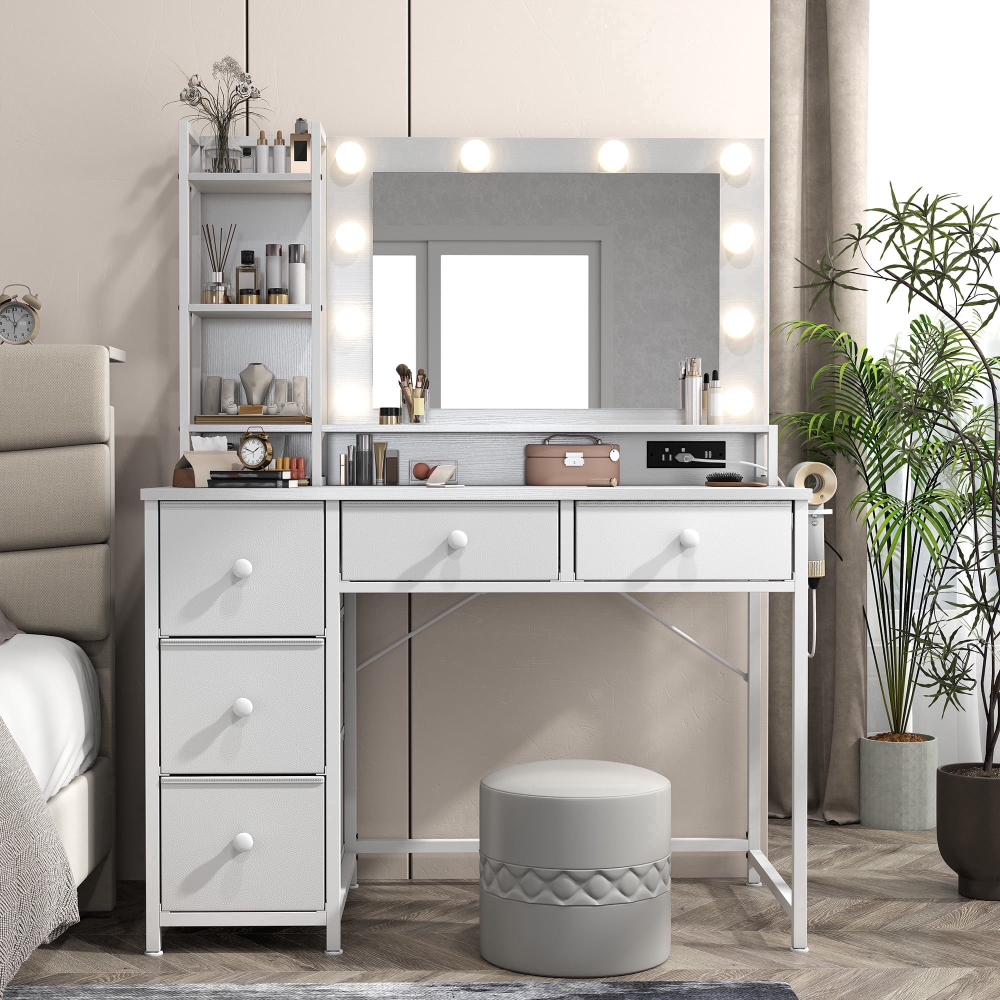White Vanity with Mirror and Lights Makeup Vanity Desk with 5 Fabric Drawers Dressing Table with Storage Drawers for Bedroom
