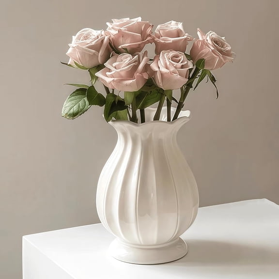 White Vase, Modern Ceramic Flower Vase for Home Dcor, Wavy Edge Ribbed Design Pedestal Vases, Minimalism Flared Vases for Living Room Table Centerpieces (7.5" H x 4.5" W)
