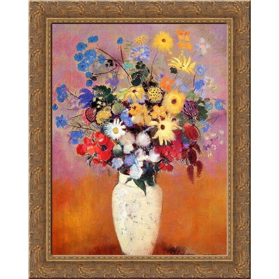 White Vase with Flowers 20x24 Gold Ornate Wood Framed Canvas Art by Redon, Odilon