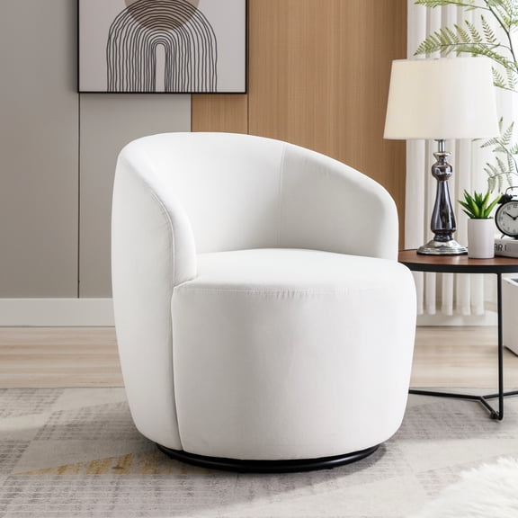 White Velvet Armchair With Rotatable Function And Black Powder Coating Ring