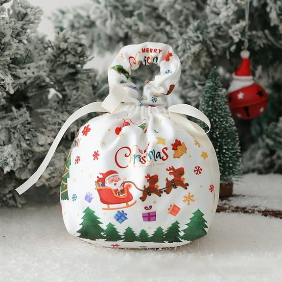 White Velvet Christmas Gift Bag, Cloth Drawstring Packaging Box with Festive Motifs for Eve Apples and Candy