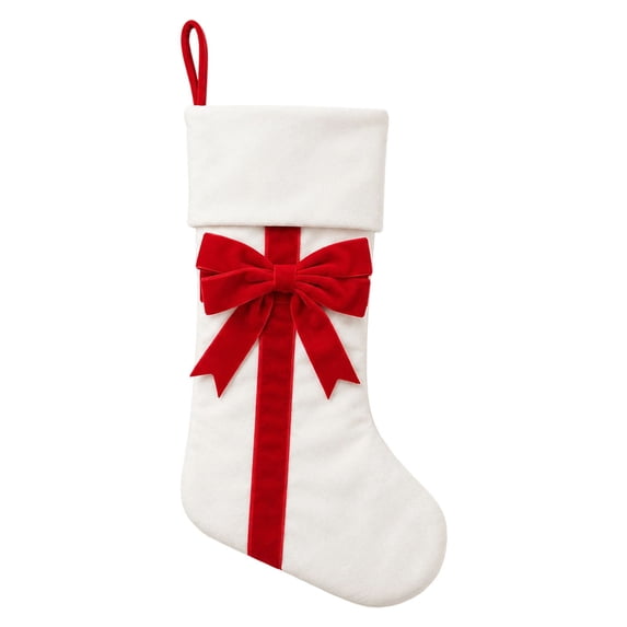 White Velvet Christmas Stocking with Bow, 18 Inch Large Hanging Sock for Fireplace and Tree Decor, 1PC (White)
