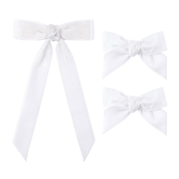 White Velvet Hair Bows 2 Sizes Long and Basic Hair Bow Set for Toddler Girls Long Ponytail Knot Bows Alligator Clip Hair Accessories for Little Girls,3PCS