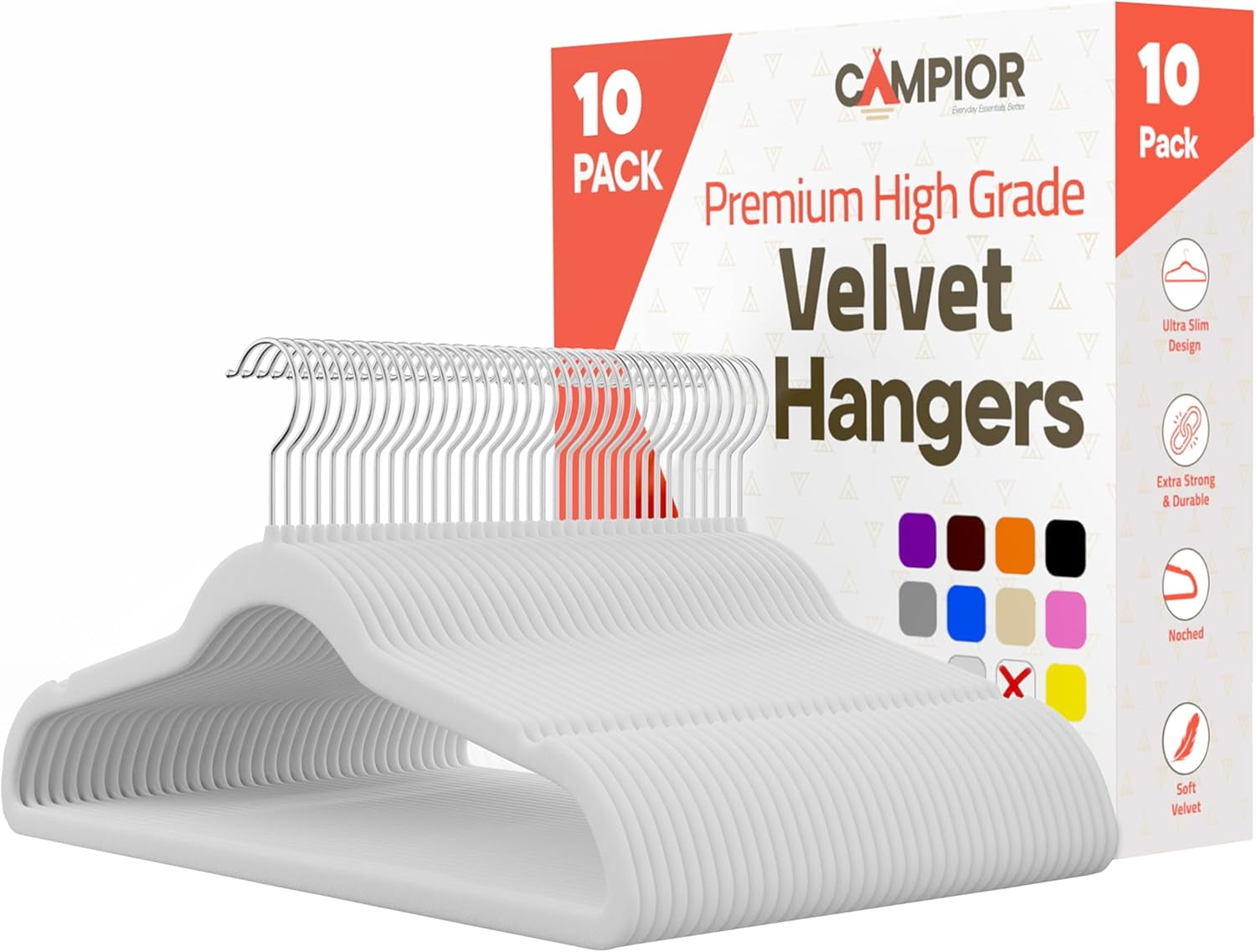 White Velvet Hangers 10 Pack – Heavy-Duty 11 lbs Capacity, 360° Swivel Hook, Non-Slip & Space-Saving Design – Smooth Velvet Finish for Crease-Free Clothes & Effortless Closet Organization