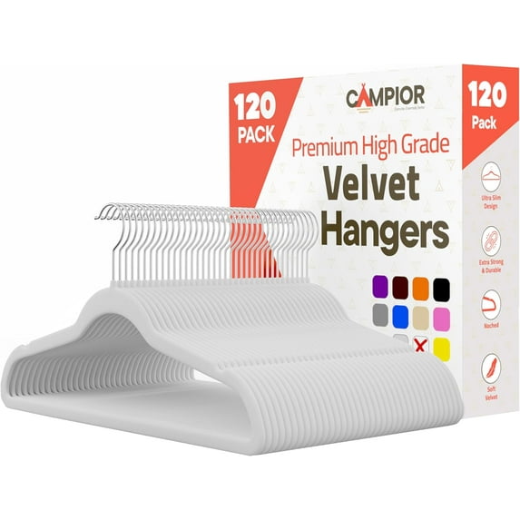 White Velvet Hangers 120 Pack – 360° Swivel Hook, Non-Slip, Space-Saving, Heavy-Duty 11 lbs Capacity – Smooth Velvet Finish for Crease-Free Clothes & Effortless Closet Organization.
