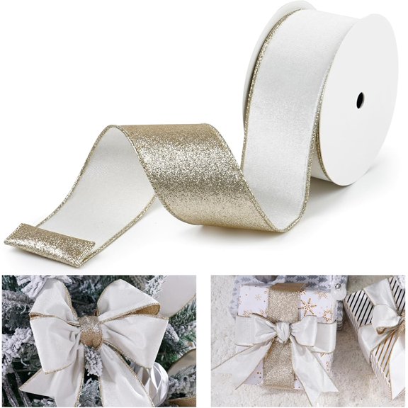 White Velvet Wired Ribbon with Glitter Back 2.5 Inch White and Gold Christmas Ribbon Wired Ribbon for Christmas Tree, Gift Wrapping, Mantel, Wreaths Supplies, Topper Bows (10 Yards)