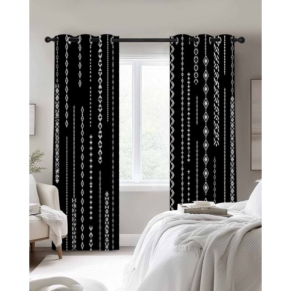 White Vertical Diamond Columns Blackout Curtains 2 Panels, Vintage Minimalist Stripe Black Thermal Insulated Grommet Window Curtains for Bedroom Living Room 42"x45"