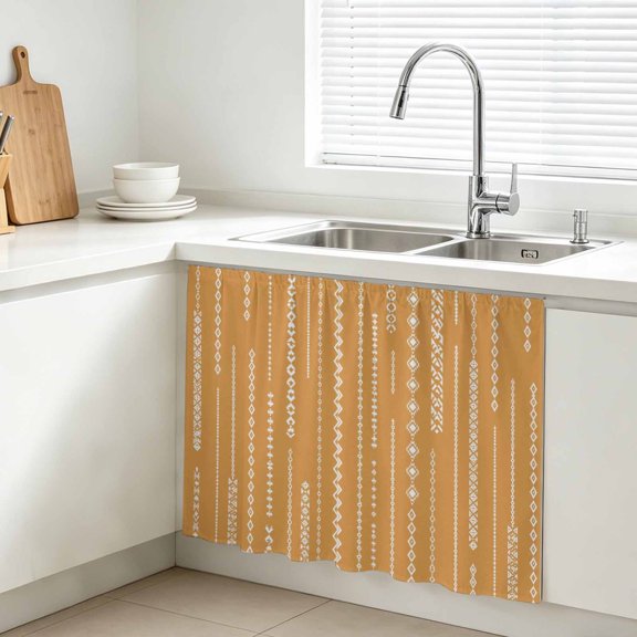White Vertical Diamond Columns Cabinet Curtains for Kitchen 28"W x 35"L, Vintage Minimalist Stripe Orange Farmhouse Sink Skirt Magic Tape Short Curtain Decorative Privacy Panel for Bathroom Laundry