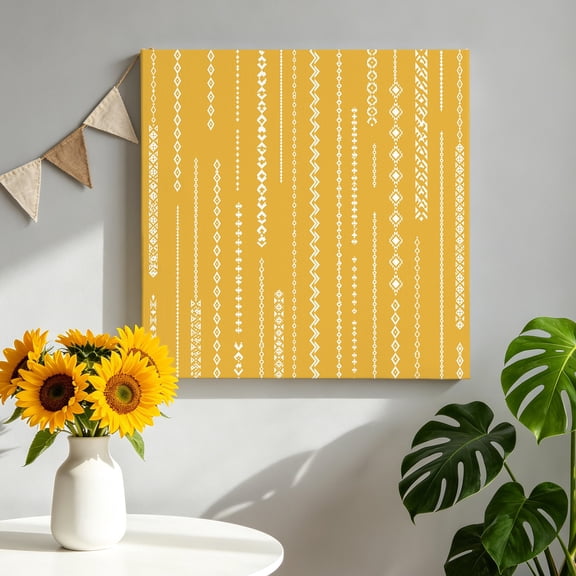White Vertical Diamond Columns Canvas Wall Art, Vintage Minimalist Stripe Yellow Framed Canvas Wall Decor Picture Print Artwork Decorations for Living Room Office Ready to Hang 16" x 16"