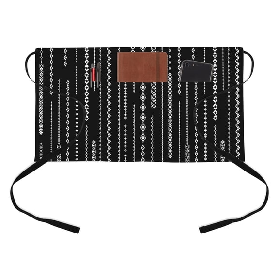 White Vertical Diamond Columns Kitchen Restaurant Half Waist Apron, Vintage Minimalist Stripe Black Server Short Apron with 3 Pockets Waterproof Oil Waist Aprons for Women Waitress Waiter