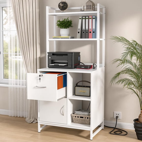 White Vertical Filing Cabinet with Bookshelf, Charging Station, Printer Stand for Home Office