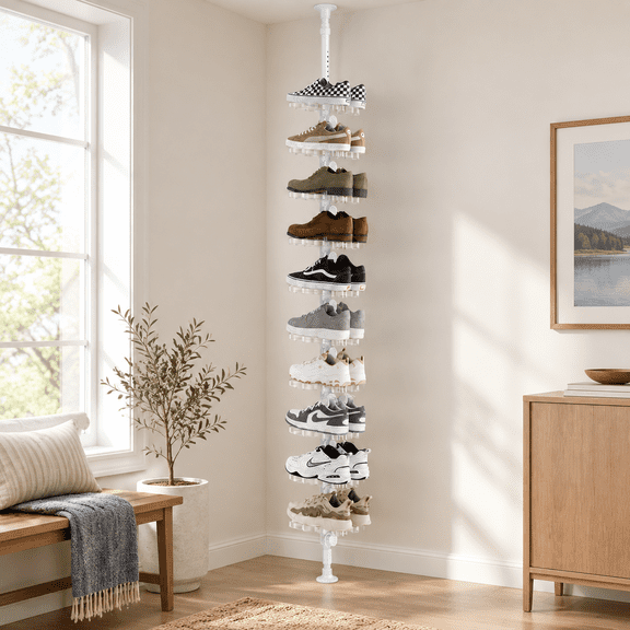 White Vertical Tension Pole Floor to Ceiling Shoe Rack Organizer