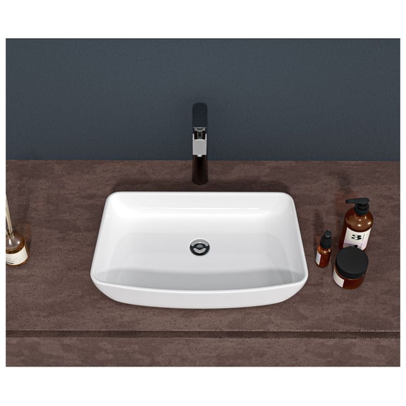 White Vessel Bathroom Sink 24x15 Inch, Rectangular Ceramic Sink, Modern Countertop Wash Basin for Bathroom, Restaurant, Office - Easy Install
