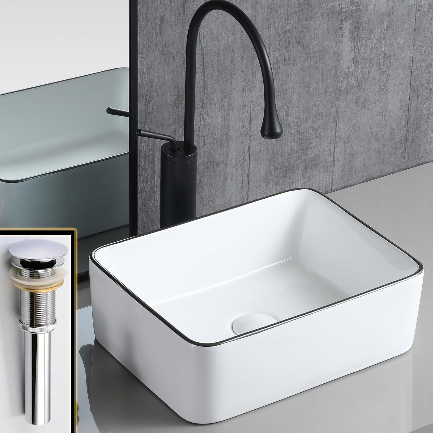 White Vessel Sink with Drain Combo - 16 x 12 Ceramic Above Counter Bathroom Sink with Pop Up Drain, Basin Sink for Countertop, Sleek Black Vintage-inspired Basin Elegant and Modern Design