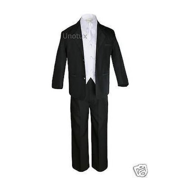 White Vest Necktie 5pc Baby Boys Kid Teen Formal Wedding Black Suits Tuxedo S-20