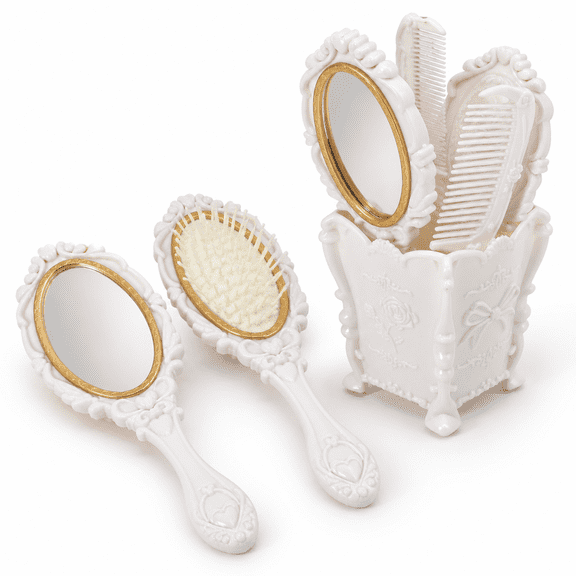 White Vintage 4-Piece Hair Styling & Makeup Set with Mirror, Brush, Comb and Holder
