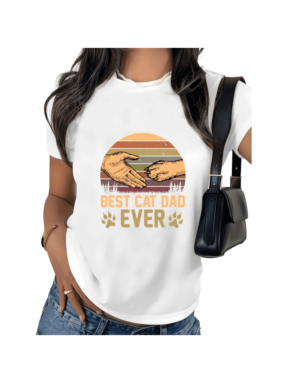 White Vintage Best Cat Dad Ever Hand Fist Bump Cat Tshirt Graphic Tees Shirts Pet Owner Gift S-5XL Tops