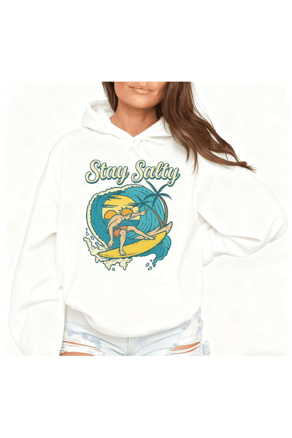 White Vintage California Surf Print Hoodie Graphic Sweatshirt S-2XL Stay Salty Youth Beach Camp Tops