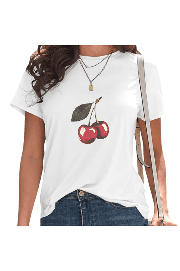 White Vintage Cherry Print T-Shirt Women's Casual Loose Fit Short Sleeve Retro Fruit Aesthetic Summer Graphic Tee S-5XL